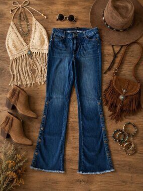 ALLOY Dark Wash Flare Jeans Women’s Size 12 Long 35” Inseam Snap Button Trim Boh